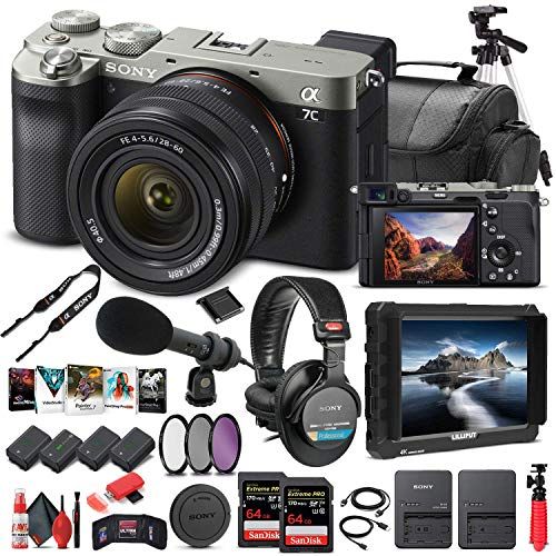  Amazon Renewed Sony Alpha a7C Mirrorless Digital Camera with 28-60mm Lens (Silver) ILCE7CL/S + 4K Monitor + Headphones + Pro Mic + 2 x 64GB Memory Card + 3 x NP-FZ-100 Battery + Corel Photo Softw