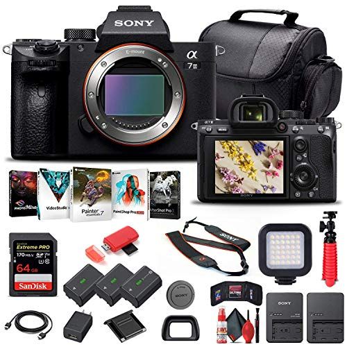  Amazon Renewed Sony Alpha a7 III Mirrorless Digital Camera (Body Only) (ILCE7M3/B) + 64GB Memory Card + 2 x NP-FZ-100 Battery + Corel Photo Software + Case + Card Reader + LED Light + More (Renew