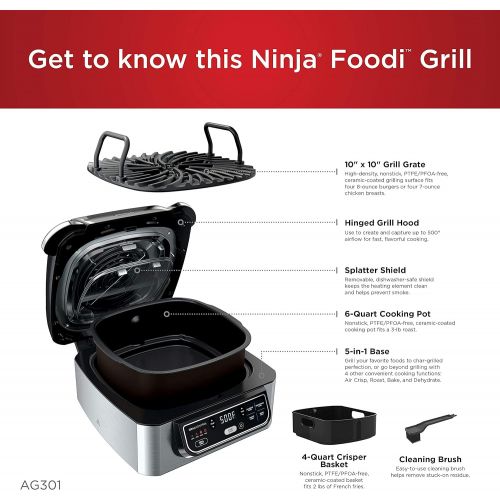  닌자 푸디 에어프라이어 AG301 (Amazon Renewed) Ninja Foodi Air Fryer, Roast, Bake, Dehydrate Indoor Electric Grill, 10 x 10, Black and Silver