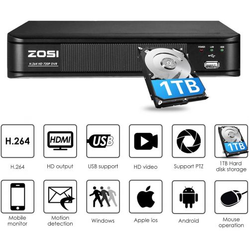  [아마존베스트]Amazon Renewed ZOSI 720p 8 Channel HD-TVI 1080P Lite 4 in 1 Video Surveillance DVR Recorder 1TB Hard Drive Built-in, P2P Technology, QR Code Scan Remote Access, Motion Detection (Renewed)