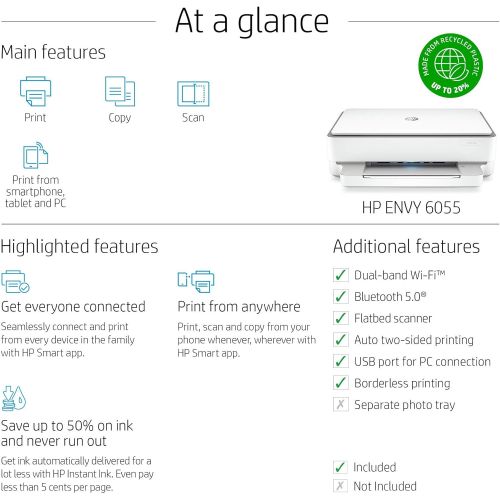  [아마존베스트]Amazon Renewed HP ENVY 6055 Wireless All-in-One Printer | Mobile Print, Scan & Copy (5SE16A) (Renewed)