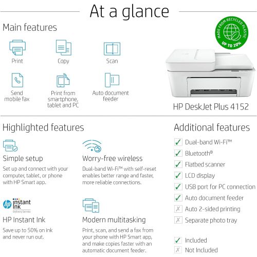  Amazon Renewed HP DeskJet Plus 4152 Wireless All-in-One Color Inkjet Printer, Mobile Print, Scan & Copy, Instant Ink Ready, 7FS74A (Renewed)
