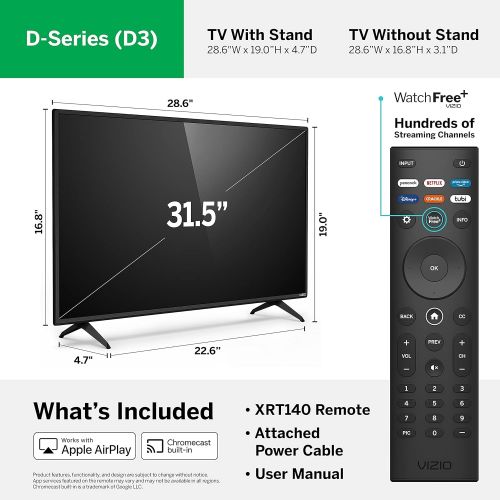  Amazon Renewed VIZIO 32-inch D-Series Full HD 1080p Smart TV with Apple AirPlay and Chromecast Built-in, Screen Mirroring for Second Screens, & 150+ Free Streaming Channels, D32f-J04, 2021 Model