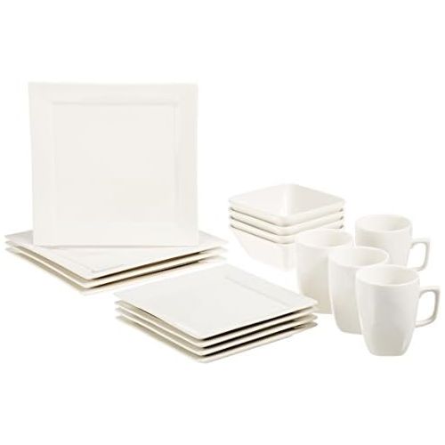 AmazonBasics 16-Piece Classic White Kitchen Dinnerware Set, Square Plates, Bowls, Service for 4