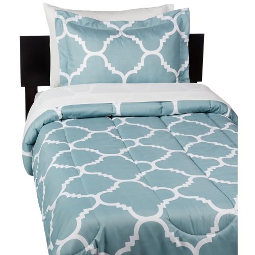  AmazonBasics 5-Piece Bed-In-A-Bag Comforter Bedding Set - Twin or Twin XL, Dusty Blue Trellis