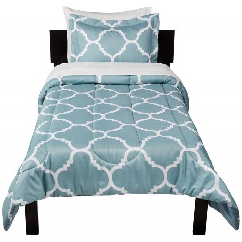  AmazonBasics 5-Piece Bed-In-A-Bag Comforter Bedding Set - Twin or Twin XL, Dusty Blue Trellis