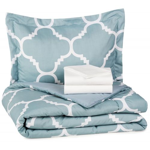  AmazonBasics 5-Piece Bed-In-A-Bag Comforter Bedding Set - Twin or Twin XL, Dusty Blue Trellis