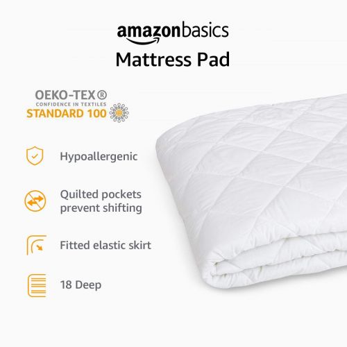  AmazonBasics Hypoallergenic Quilted Mattress Topper Pad Cover - 18 Inch Deep, Twin