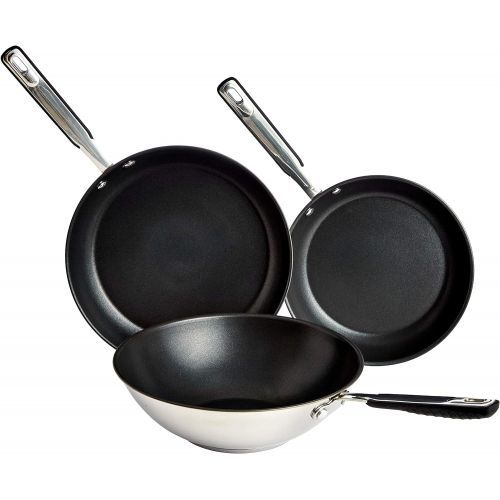  AmazonBasics - 3-teiliges Brat- und Wokpfannen-Set, Edelstahl, Induktions-geeignet, 24 und 28 cm Bratpfanne und 28 cm Wok, anti-haftend, mit bequemem Griff