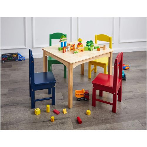  [아마존베스트]AmazonBasics Kids Wood Table and 4 Chair Set, Natural Table, Assorted Color Chairs