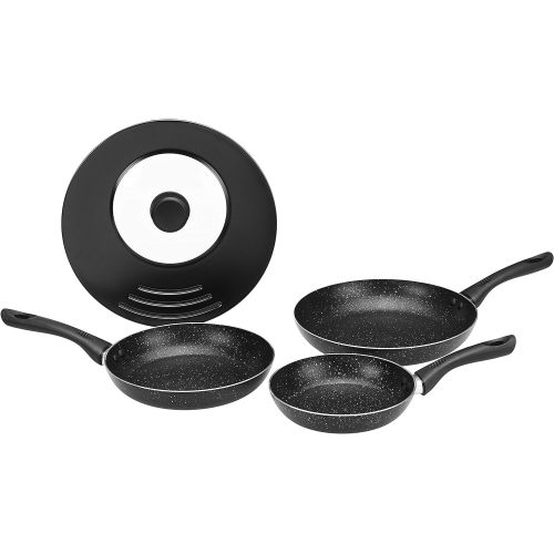  AmazonBasics  4-teiliges Bratpfannen-Set, Nicht-haftend, fuer Induktionsherde, mit Universal-Abdeckung, 20 cm, 24 cm, 28 cm + Geschirrservice