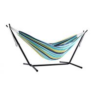 AmazonBasics Vivere Double Cotton Hammock with Space Saving Steel Stand, Cayo Reef (450 lb Capacity - Premium Carry Bag Included)
