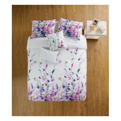  AmazonBasics 4 Piece Girls Flower Themed Comforter Twin XL Set, Pretty Girly All Over Floral Bedding, Beautiful Leaf Flowers Pattern, Stylish Chic Garden Theme Design, White Teal Blue Pink Lave