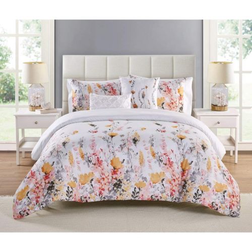  AmazonBasics 4 Piece Girls Flower Themed Comforter Twin XL Set, Pretty Girly All Over Floral Bedding, Beautiful Leaf Flowers Pattern, Stylish Chic Garden Theme Design, White Teal Blue Pink Lave