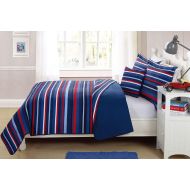 AmazonBasics Elegant Home Decor Multicolor Light & Dark Blue Red White Striped Design Fun Colorful 3 Piece Quilt Bedspread Bedding Set with Decorative Pillow for Kids/Boys (Twin)