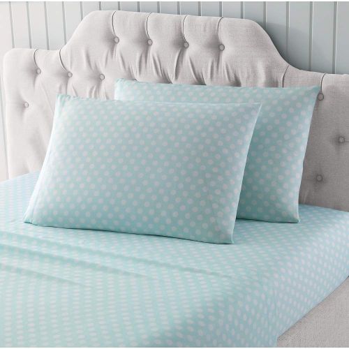  AmazonBasics 4 Pc Adorable Mint Aqua Bedding Set Beautiful All Over Polka Dot Print Girl Bedding Full Attractive Charming Look Casual Style Soft Sheet Set Pet Friendly Fully Elasticized Fitted