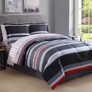 AmazonBasics D-UNKN 8pc Boys Queen Rugby Stripes Comforter Set, Gray White Grey Black Red Stripes Bedding Pattern, Horizontal Striped Rugby Bed Bag Sheet Set, Colors
