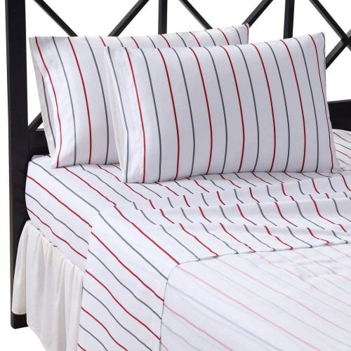  AmazonBasics D-UNKN 8pc Boys Queen Rugby Stripes Comforter Set, Gray White Grey Black Red Stripes Bedding Pattern, Horizontal Striped Rugby Bed Bag Sheet Set, Colors