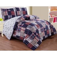 AmazonBasics Grand Linen 4 - Piece Kids (Double) Full Size Baseball Sports Theme Comforter Set with Plush Toy Included-Navy Blue, Red, White and Beige Plaid. Boys, Girls, Guest Room and School