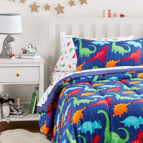  AmazonBasics Easy-Wash Microfiber Kids Bed-in-a-Bag Bedding Set - Twin, Multi-Color Dinosaurs