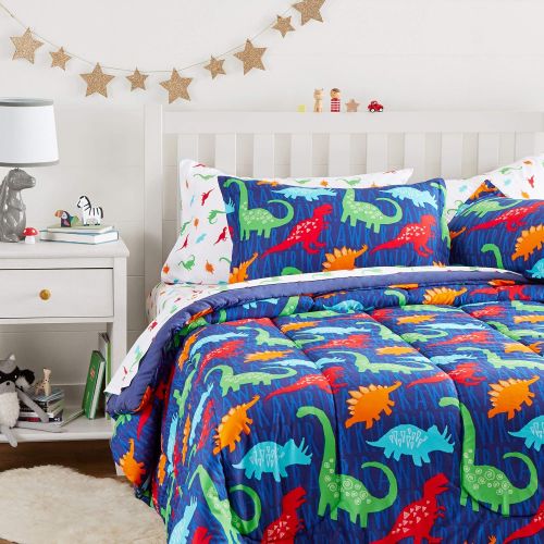  AmazonBasics Easy-Wash Microfiber Kids Bed-in-a-Bag Bedding Set - Twin, Multi-Color Dinosaurs