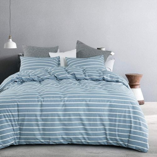  AmazonBasics Wake In Cloud - Washed Cotton Duvet Cover Set, White Striped Ticking Pattern Printed on Navy Blue, 100% Cotton Bedding, with Zipper Closure (3pcs, Queen Size)