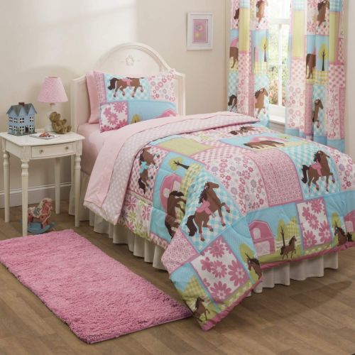  AmazonBasics Girls, Pony, Country Horse Full Comforter, Sheets & Shams Set (7 Piece Bed In A Bag)