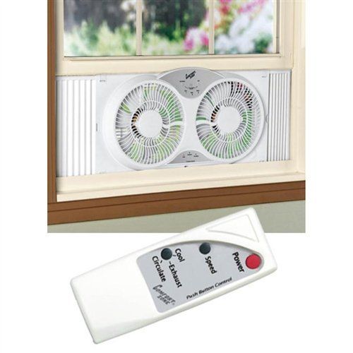  AmazonBasics BOVADO USA Twin Window Cooling Fan with Remote Control - Electronically Reversible  Includes Bug Screen & Fabric Cover  Locking Extenders to fit Large Windows (Min. 23.5” Max. 37