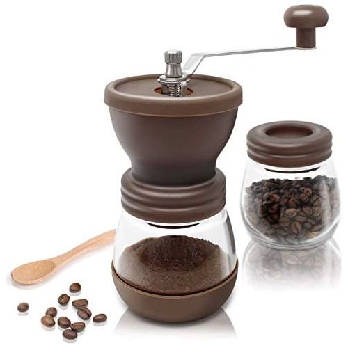  Amazy manuelle Kaffeemuehle inkl. Extra-Behalter + 16 Schablonen + Bambusloeffel  Handbetriebene Muehle mit Keramikmahlwerk fuer feinsten, frischgemahlenen Kaffee (Braun)