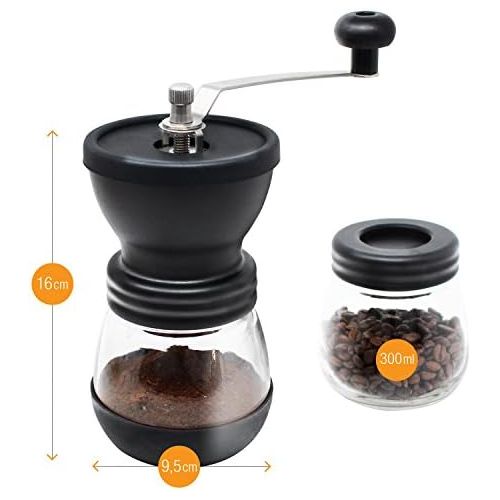  Amazy manuelle Kaffeemuehle inkl. Extra-Behalter + 16 Schablonen + Bambusloeffel  Handbetriebene Muehle mit Keramikmahlwerk fuer feinsten, frischgemahlenen Kaffee (Braun)