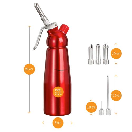  Amazy Sahnespender inkl. 5 Edelstahl Tuellen + 2 Reinigungsbuersten  Profi Sahnesyphon aus Aluminium fuer die Zubereitung von Schlagsahne, Creme, Mousse, Espuma & Co. (Rot | 500 ml)