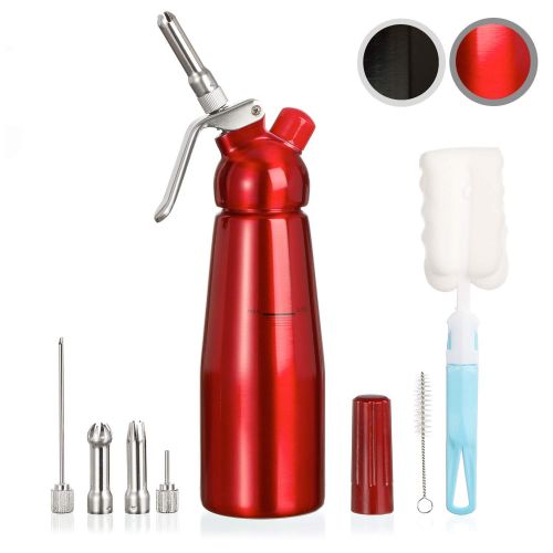  Amazy Sahnespender inkl. 5 Edelstahl Tuellen + 2 Reinigungsbuersten  Profi Sahnesyphon aus Aluminium fuer die Zubereitung von Schlagsahne, Creme, Mousse, Espuma & Co. (Rot | 500 ml)