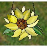 AmberGlassArt Stained glass suncatcher. Amber decorated sunflower sun catcher. Tiffany glass sunflower. Stained glass window hangings. Stained glass art.