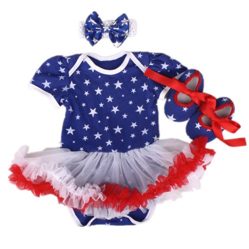  Amberetech 4th of July Outfit Infant Baby Girls Party Costume Flag Style Dress 3Pcs Clothing Set