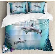 Ambesonne Underwater Realistic Illustration Wild Sharks and Plants Corals Seaweed Aquatic Ocean Life Duvet Cover Set