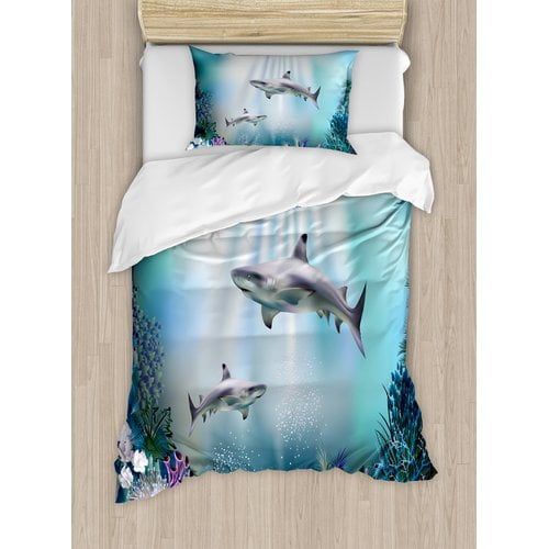  Ambesonne Underwater Realistic Illustration Wild Sharks and Plants Corals Seaweed Aquatic Ocean Life Duvet Cover Set