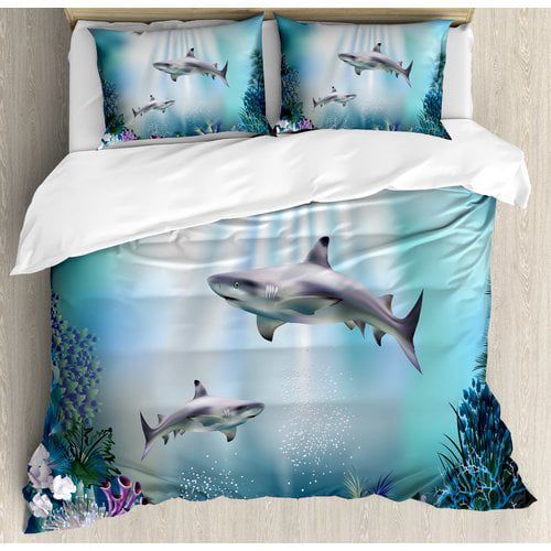  Ambesonne Underwater Realistic Illustration Wild Sharks and Plants Corals Seaweed Aquatic Ocean Life Duvet Cover Set