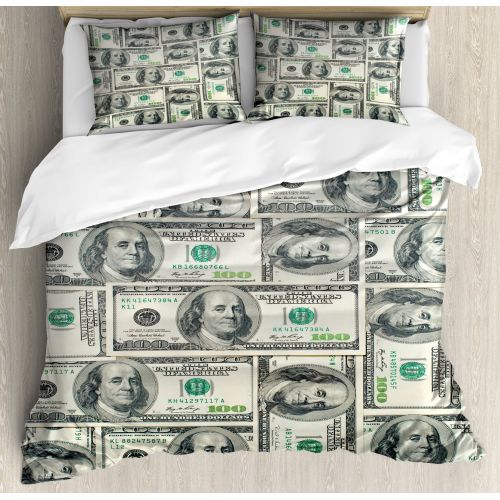  Ambesonne Money King Size Duvet Cover Set, Dollar Bills of United States Federal Reserve with the Portrait of Ben Franklin, Decorative 3 Piece Bedding Set with 2 Pillow Shams, Pale Green Gre