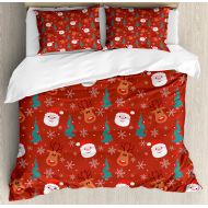 Ambesonne Red King Size Duvet Cover Set, Smiling Cartoon Santa with Rudolph Tree and Snowflakes Merry Christmas Holiday, Decorative 3 Piece Bedding Set with 2 Pillow Shams, Red Multicolor, b
