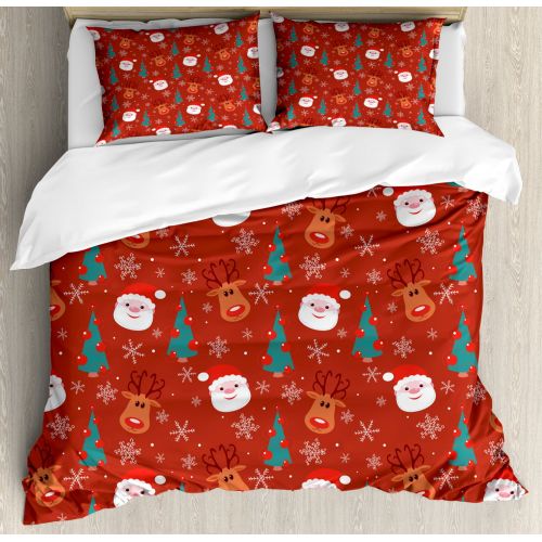  Ambesonne Red King Size Duvet Cover Set, Smiling Cartoon Santa with Rudolph Tree and Snowflakes Merry Christmas Holiday, Decorative 3 Piece Bedding Set with 2 Pillow Shams, Red Multicolor, b