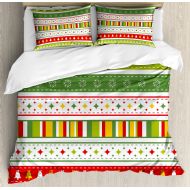 Ambesonne Christmas Queen Size Duvet Cover Set, Set of Traditional Seasonal Borders Stars Bells Trees Stripes Print, Decorative 3 Piece Bedding Set with 2 Pillow Shams, Lime Green Yellow Red