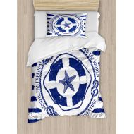 Starfish Duvet Cover Set, Trip Around the World Nautical Emblem with Lifebuoy Starfish Striped Design, Decorative Bedding Set with Pillow Shams, Navy Blue White, by Ambesonne