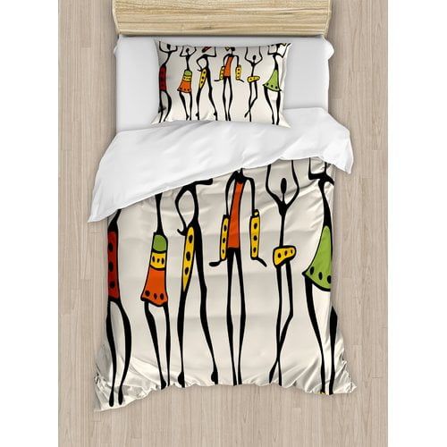 Ambesonne Afro African Group Clan Dancers Ethnic Characters in Sketchy Festival Hand Drawn Artwork Duvet Cover Set