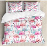 Watercolor Duvet Cover Set, Flamingos in Many Colors Hand Drawn Bird Exotic Animals Illustration, Decorative Bedding Set with Pillow Shams, Baby Blue Salmon Pink, by Ambesonne