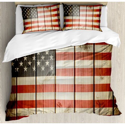  Ambesonne American Flag over Vertical Striped Wooden Board Citizen Solidarity Kitsch Art Duvet Cover Set