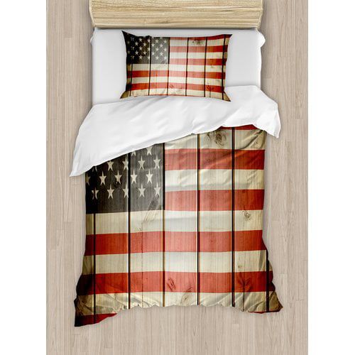  Ambesonne American Flag over Vertical Striped Wooden Board Citizen Solidarity Kitsch Art Duvet Cover Set