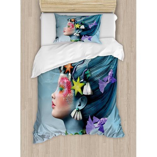  Ambesonne Mermaid with Underwater Themed Make Up Hairstyle Starfishes Seashells Fishes Bubbles Duvet Cover Set
