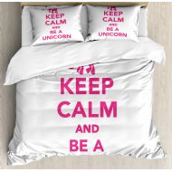 Ambesonne Keep Calm Queen Size Duvet Cover Set, Keep Calm and Be a Unicorn Text with Magical Mythological Fairytale Pony Animal, Decorative 3 Piece Bedding Set with 2 Pillow Shams, Pink Whit