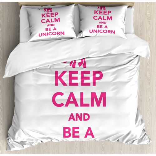  Ambesonne Keep Calm Queen Size Duvet Cover Set, Keep Calm and Be a Unicorn Text with Magical Mythological Fairytale Pony Animal, Decorative 3 Piece Bedding Set with 2 Pillow Shams, Pink Whit
