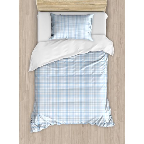  Ambesonne Seafoam Twin Size Duvet Cover Set, Plaid Quilt Pattern with Squares and Lines Abstract Traditional Arrangement, Decorative 2 Piece Bedding Set with 1 Pillow Sham, Baby Blue White,